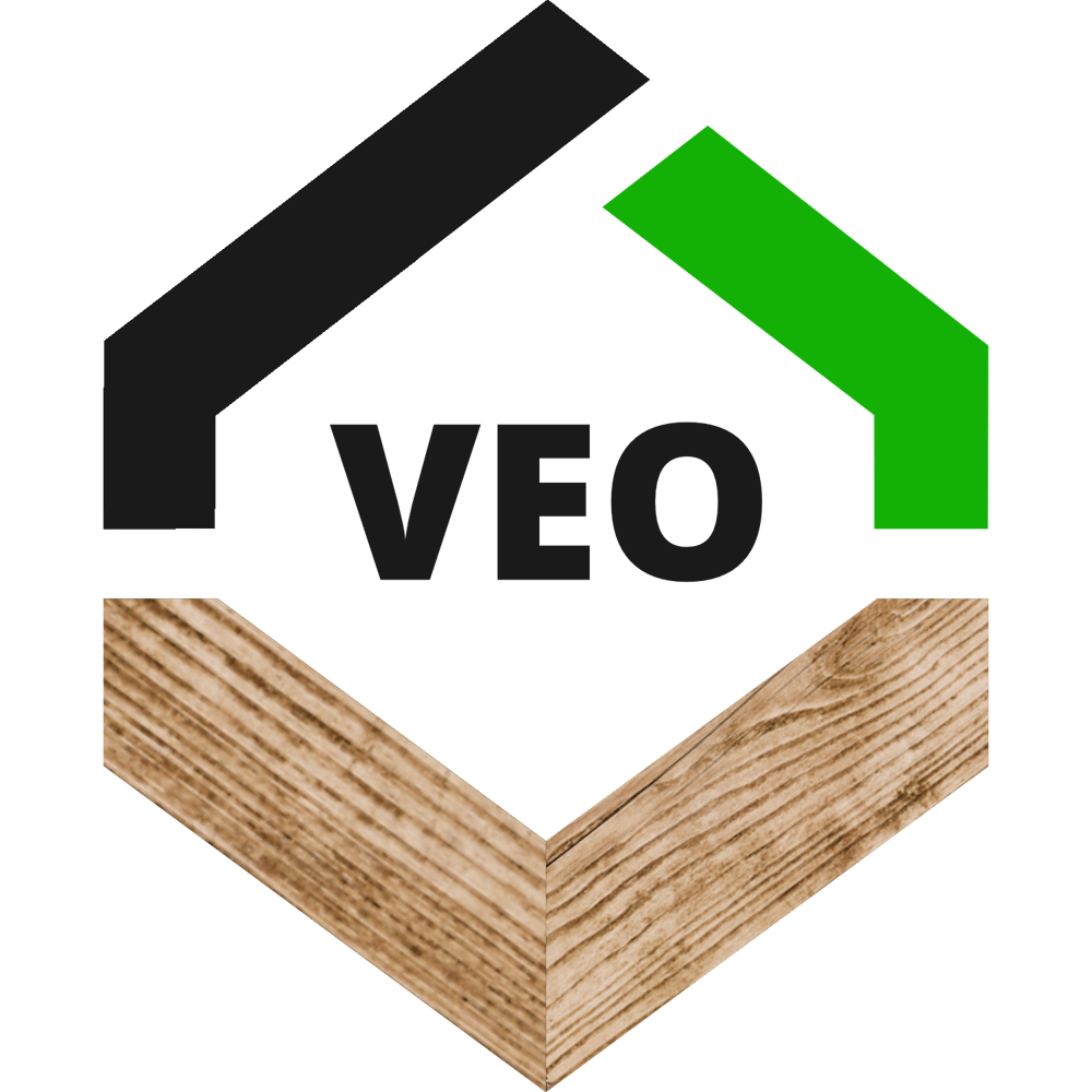 Logo mit schwarzem und grünem Dach, darunter VEO-Text und eine Holzmaserung als Fundament.