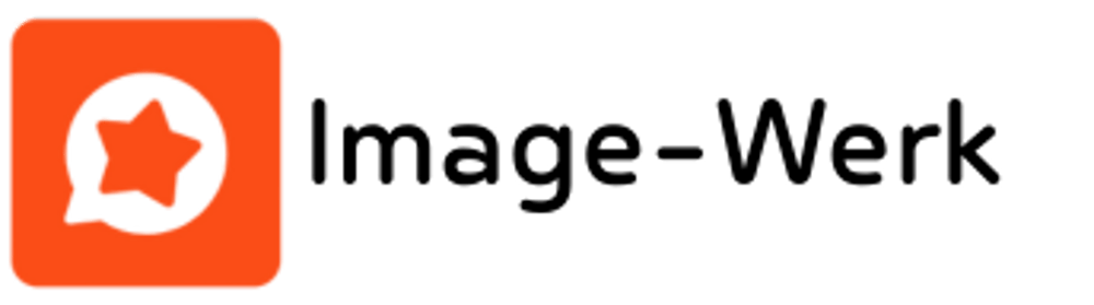 Orangefarbenes Quadrat mit Sprechblase und Stern, daneben der schwarze Text "Image-Werk".