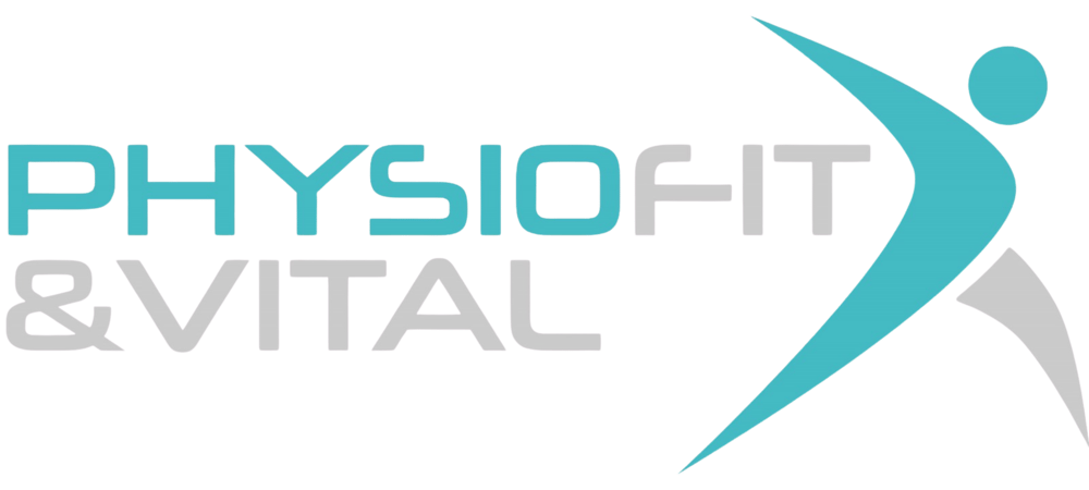 Logo: "PHYSIOFIT & VITAL" in Türkis und Grau mit stilisierter, blauer menschlicher Figur.
