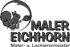 Graues Eichhörnchen mit Pinsel, umgeben von einem Halbkreis und dem Text "MALER EICHHORN Maler- u. Lackierermeister".
