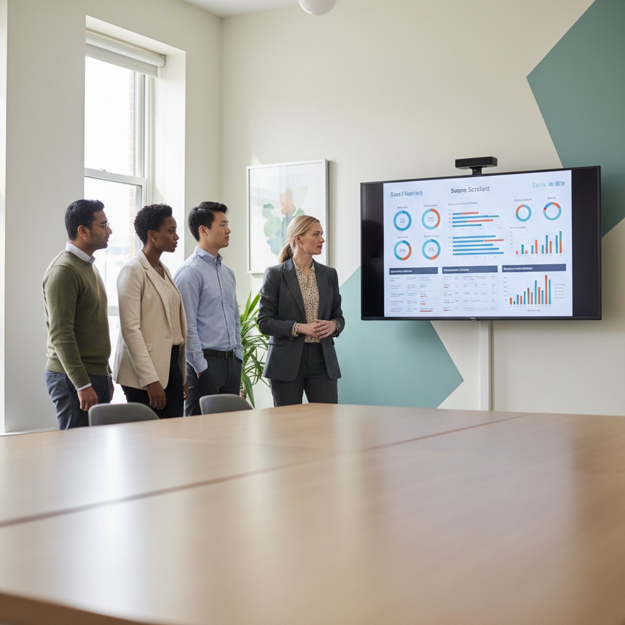 A leadership team in a focused weekly meeting reviewing a scorecard on a screen