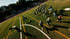 American-Football-Spieler rennen über das Spielfeld mit weißen und gelben Linien unter blauem Himmel.