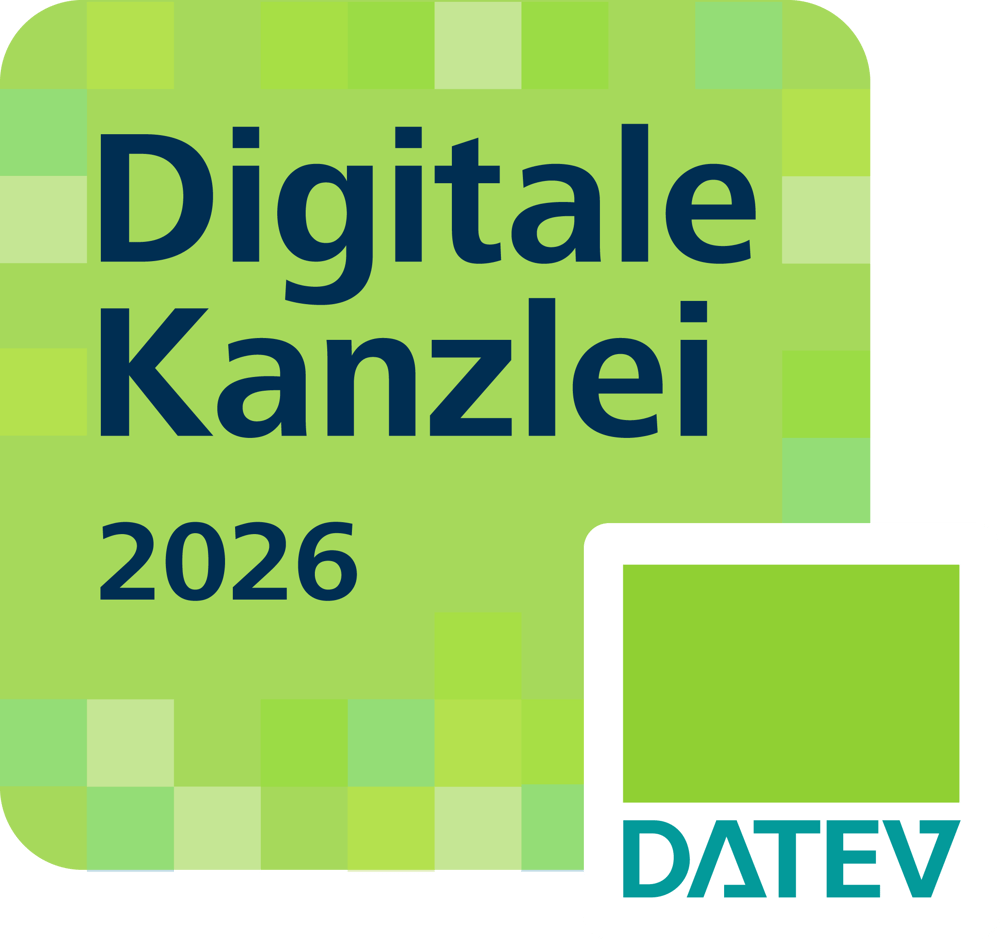 Grünes Logo „Digitale Kanzlei 2025“ mit kleinem Datev-Logo in der unteren rechten Ecke.