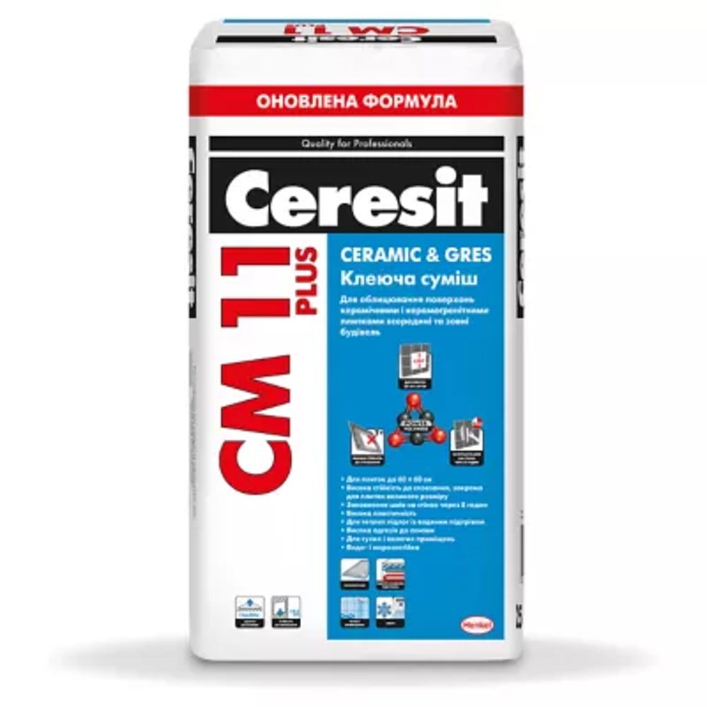Упаковка клеючої суміші Ceresit CM 11 Plus Ceramic & Gres з червоним і синім дизайном.
