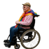 Ein lächelnder Mann im Rollstuhl mit Regenbogenschal und rosa Pullover.