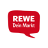 Rote Sprechblase auf schwarzem Hintergrund mit dem schwarzen Schriftzug REWE Dein Markt.