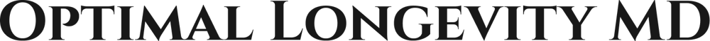 OPTIMAL LONGEVITY MD text in black capital letters on a dark green background.