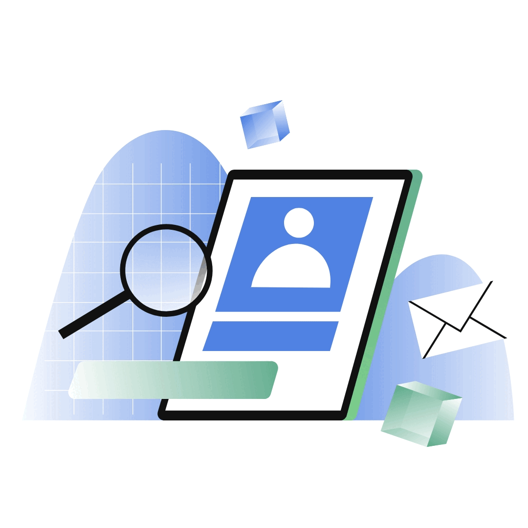 Grafik mit einem Online Profil auf einem Tablet und E-Mail Symbol daneben in einem modernen Design. Darüber schwebt eine Lupe.