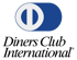 Diners Club International Logo: Weißes O mit vertikalem Balken in blauem Oval, darunter „Diners Club International“.