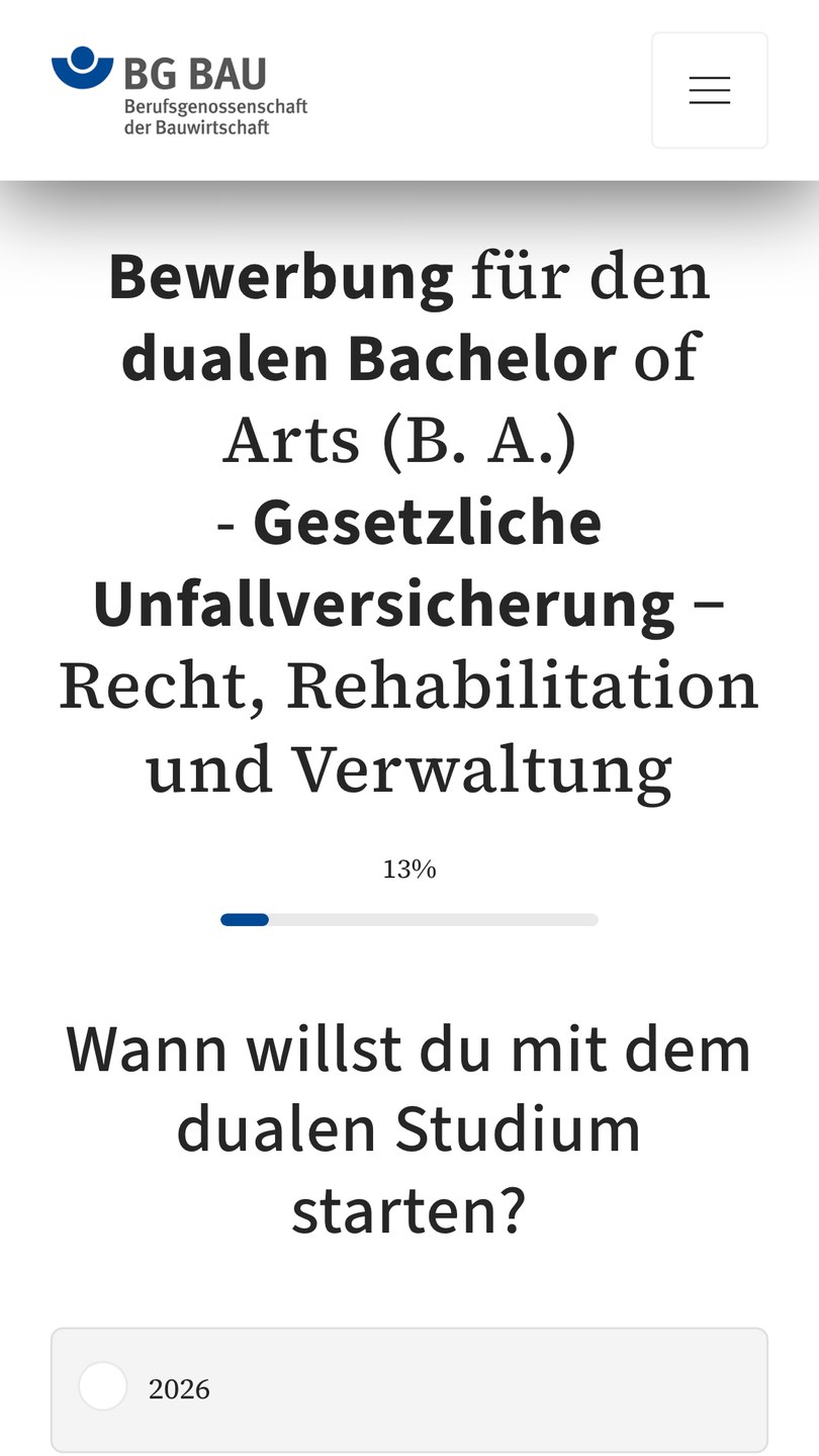 Die erste Frage des Bewerbungsfunnels nach dem gewünschten Startjahr