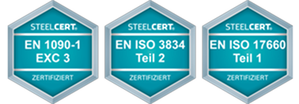 Drei Steelcert-Zertifikate: EN 1090-1 EXC 3, EN ISO 3834 Teil 2, EN ISO 17660 Teil 1.
