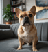 Beiger Französischer Bulldogge sitzt auf einem grauen Sofa und blickt direkt in die Kamera.