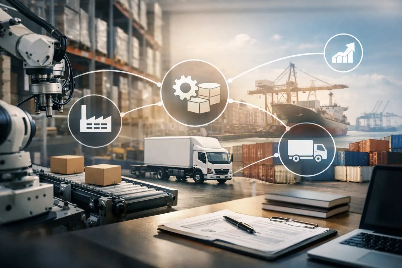 Vernetzte Logistikkette mit Roboterarm, LKW und Containerschiff sowie digitalen Icons für Produktion und Versand.