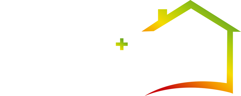 Logo: "ENERGIE BERATUNG PLUS" in Weiß, mit grünem Pluszeichen und stilisiertem Haus-Symbol in Grün, Gelb und Rot.