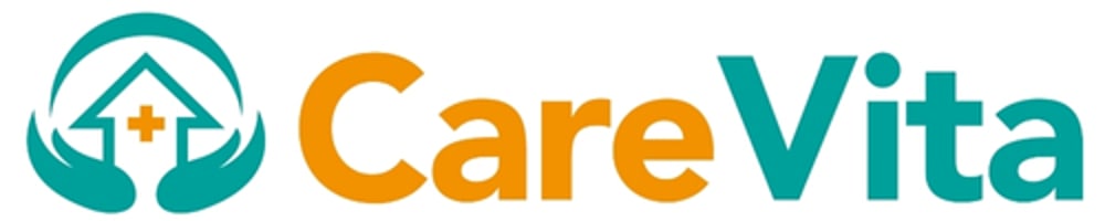 Logo mit Händen, die ein Haus mit einem Kreuz umfassen, daneben der Text "CareVita".