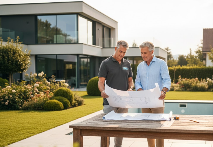 Persönliche Poolberatung im Garten mit Bauplan, Poolbau Hirsch