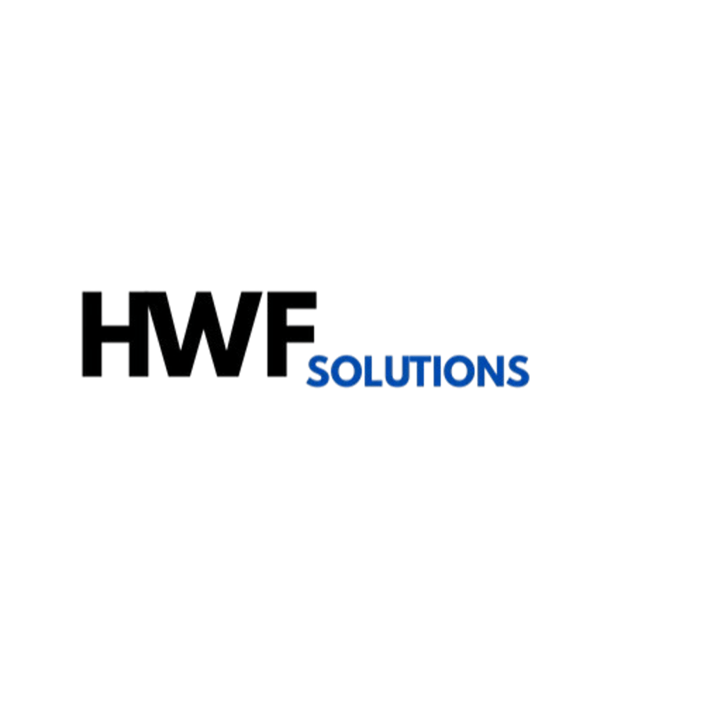 HWF Solutions Logo mit schwarzem "HWF" und blauem "Solutions" auf dunklem Hintergrund.