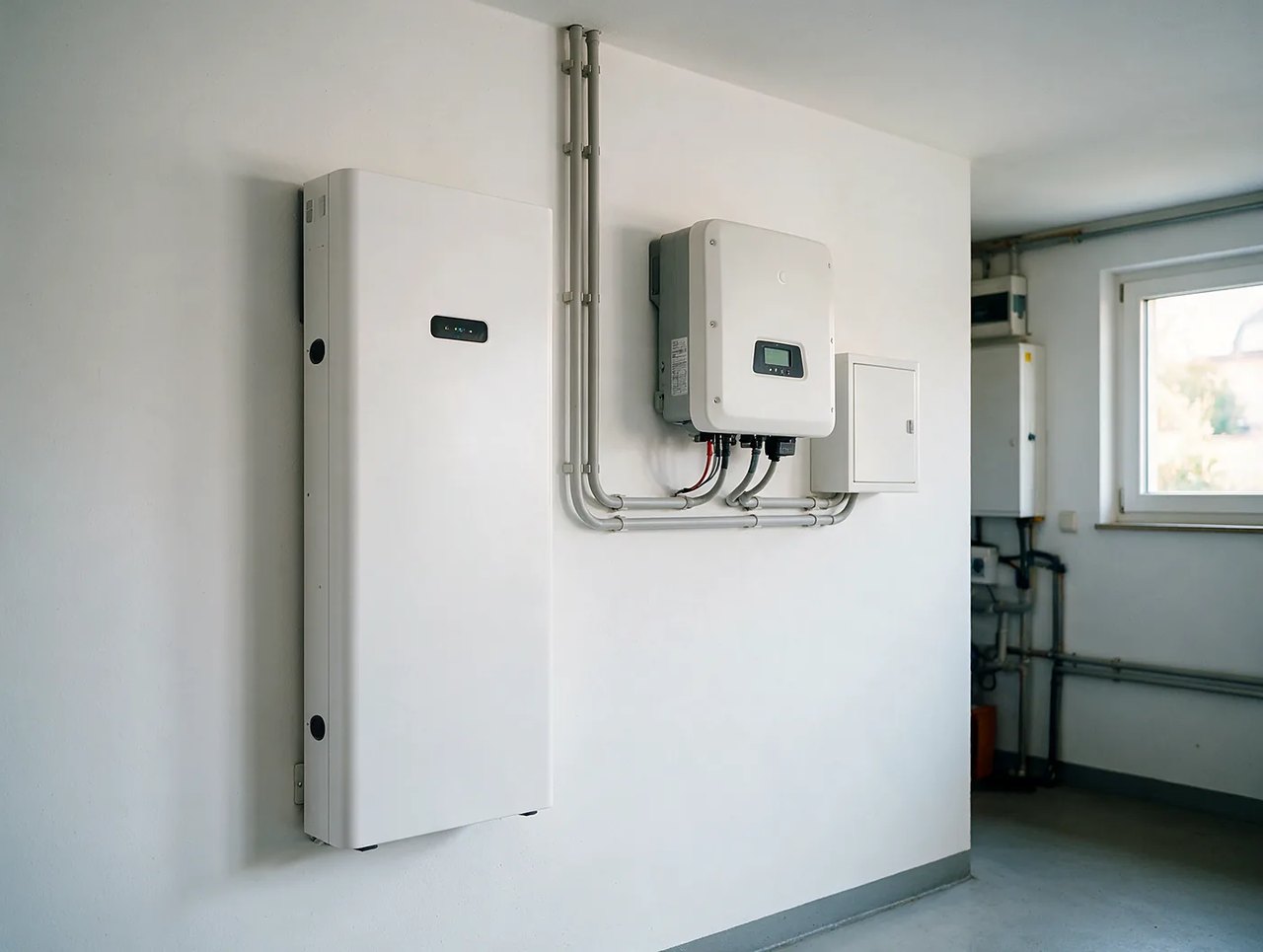 Batteriespeicher und Wechselrichter im Hauswirtschaftsraum