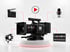 Schwarze Kinokamera auf Podest, umgeben von Icons für Filmklappe, Play-Button, Mikrofon, Scheinwerfer und Videoschnitt.