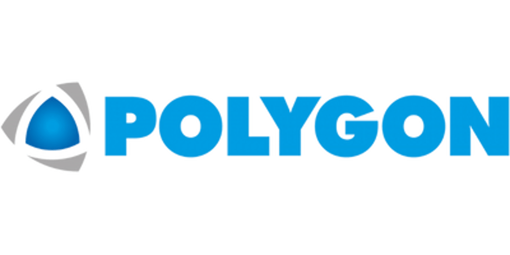 Polygon-Logo mit einem blauen Dreieck, das von drei grauen Bögen umgeben ist, und dem Schriftzug "POLYGON".