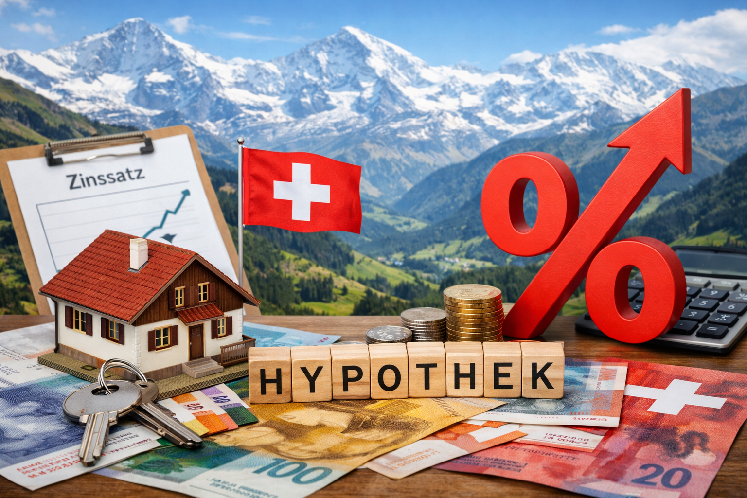 Moderne Schweizer Wohngebäude vor Bergpanorama, Fokus auf Zinsen Schweiz und Hypothek Schweiz 2026
