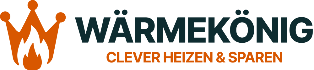 Logo mit orangefarbener Flammenkrone und dem Text "WÄRMEKÖNIG CLEVER HEIZEN & SPAREN" auf dunkelgrünem Hintergrund.