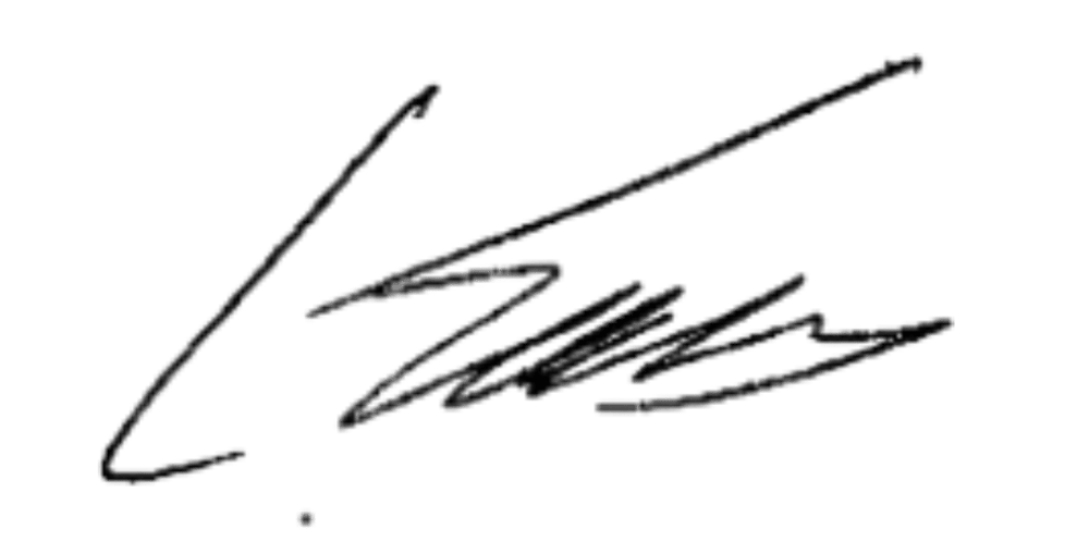 Schwarze, geschwungene Unterschrift auf einem dunkelgrünen Hintergrund.