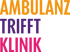 Text in drei Zeilen: "AMBULANZ" orange, "TRIFFT" lila, "KLINIK" pink auf dunkelgrünem Hintergrund.