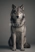 Grauer Wolf sitzt frontal vor neutralem Studiohintergrund mit ruhigem, direkten Blick. Typografisches Poster aus der Kollektion WILD WITHIN mit dem Wort „PRESENCE.“