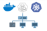 Diagram showing containerization and orchestration, connecting to a server, then to a computer and two monitors.