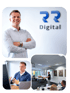 Mann lächelt vor RR Digital Logo, hält Online-Meeting ab und präsentiert in einem Konferenzraum.