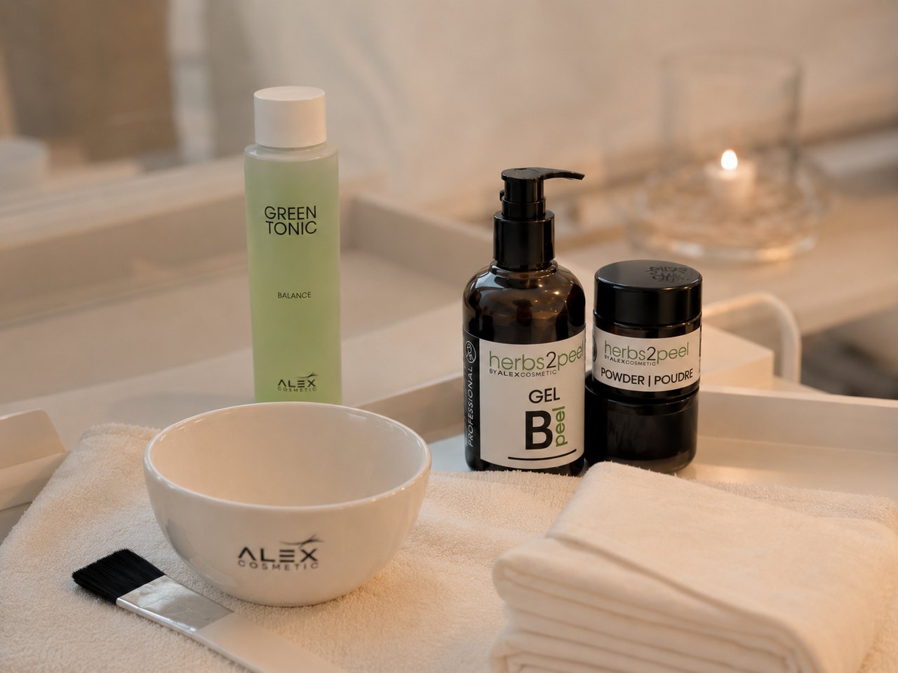 Hygienisch vorbereiteter Arbeitsplatz mit Alex Cosmetic Originalprodukten für das Kräuterpeeling im SWON Studio in Pforzheim