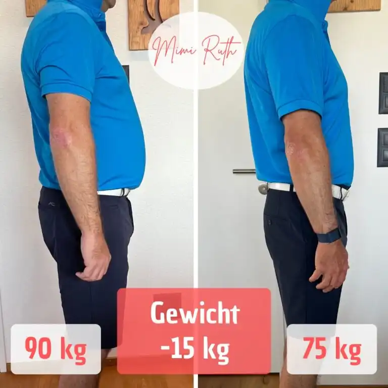 Mann im Vorher-Nachher-Vergleich: 90 kg links, 75 kg rechts, mit Gewichtsverlust von -15 kg.