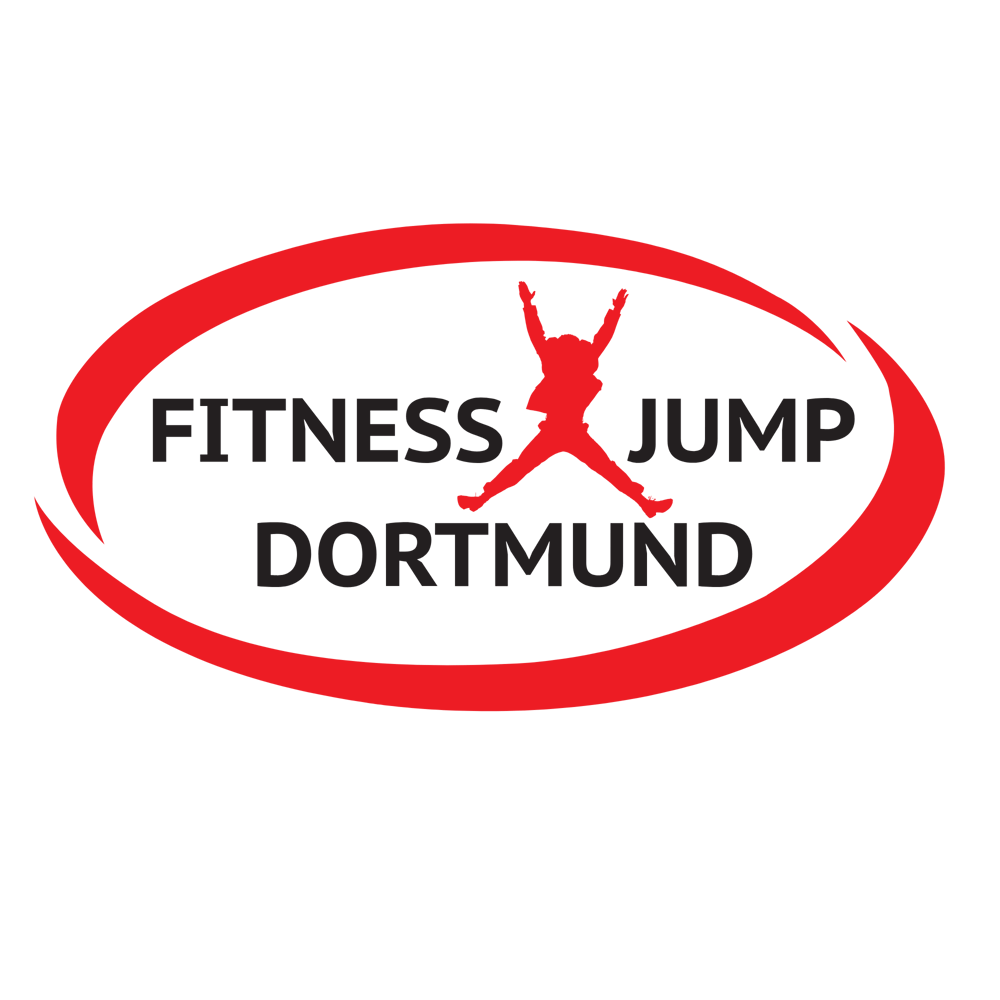Rotes, ovales Logo mit der Aufschrift "FITNESS JUMP DORTMUND" und einer springenden Person als "X".