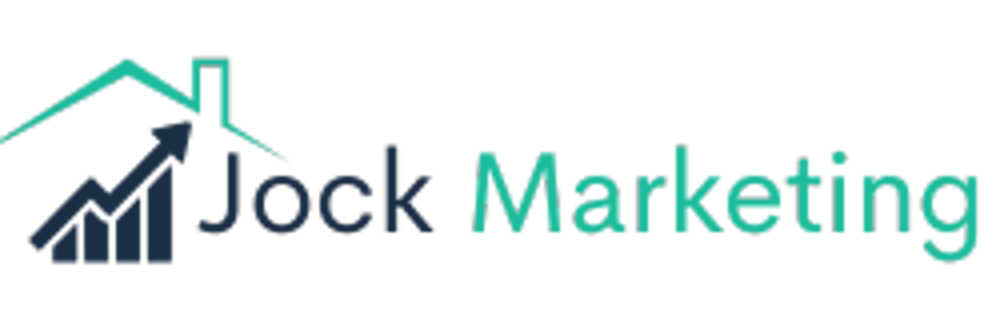 Logo "Jock Marketing" mit einem stilisierten Hausdach, einem steigenden Balkendiagramm und einem Pfeil nach oben.