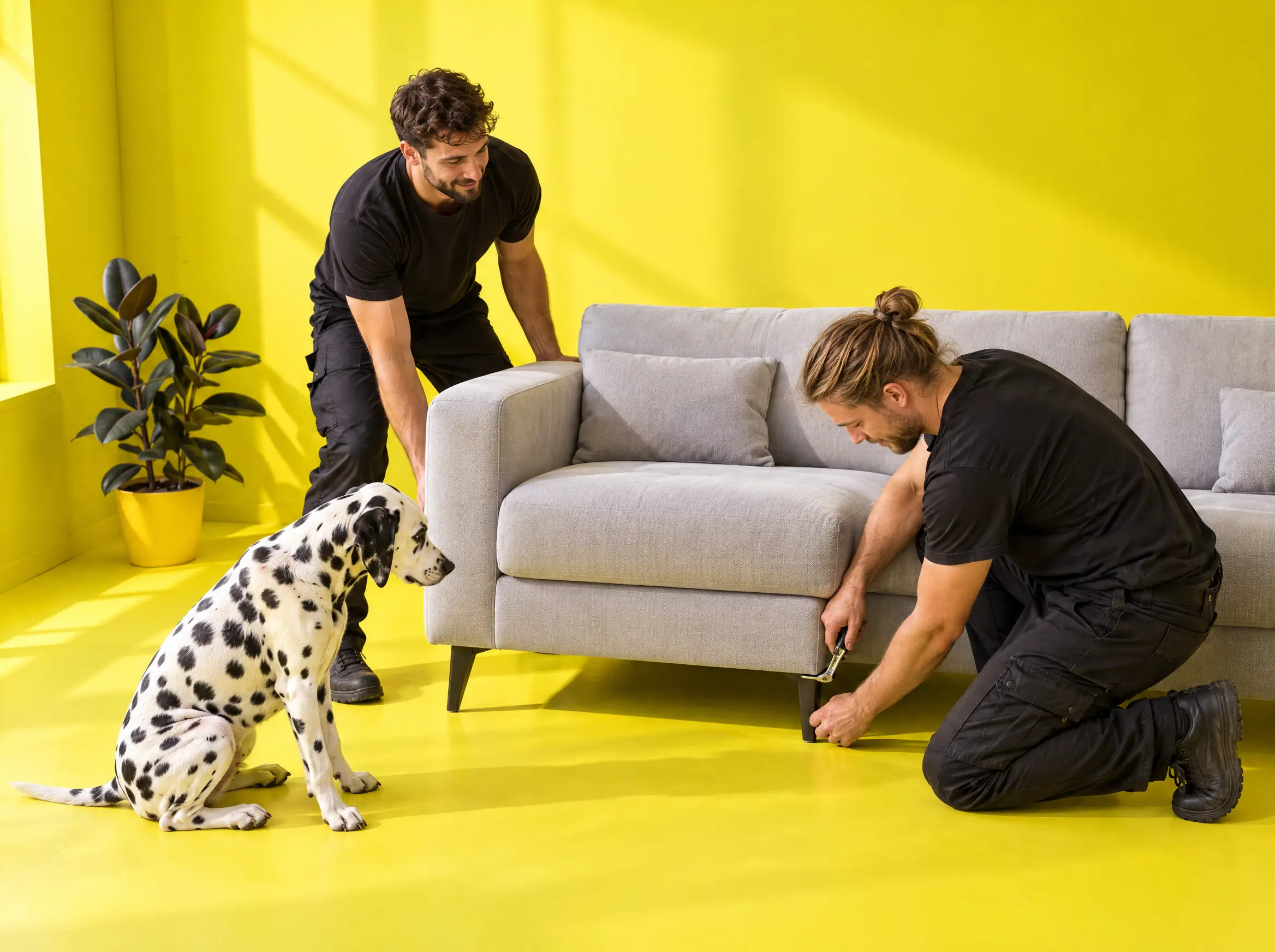 Monteure stellen ein Sofa auf