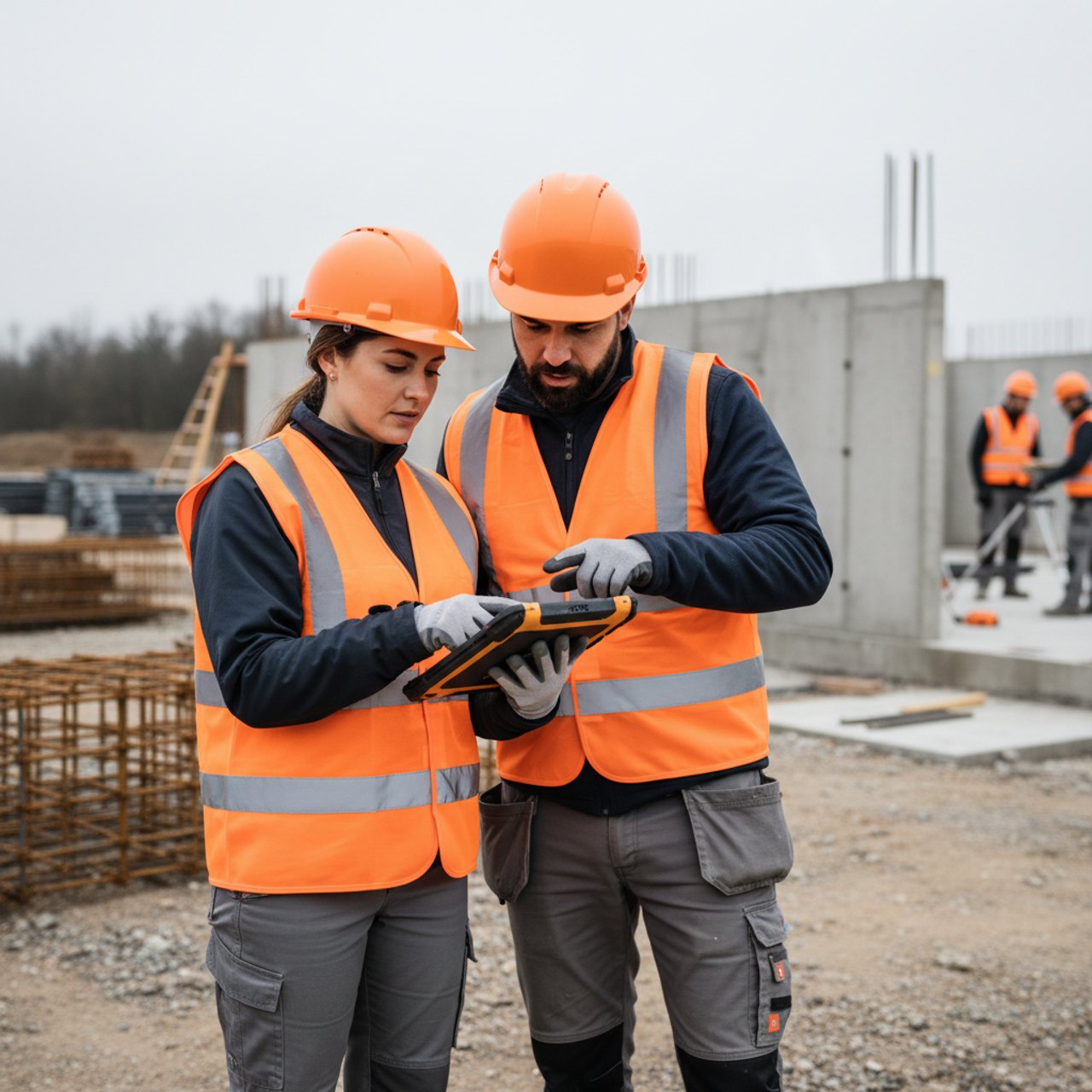 Zwei Vermessungstechniker prüfen Planunterlagen auf der Baustelle