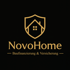 Goldenes NovoHome Logo auf schwarzem Hintergrund mit Schild, Haus und Text "Baufinanzierung & Versicherung".