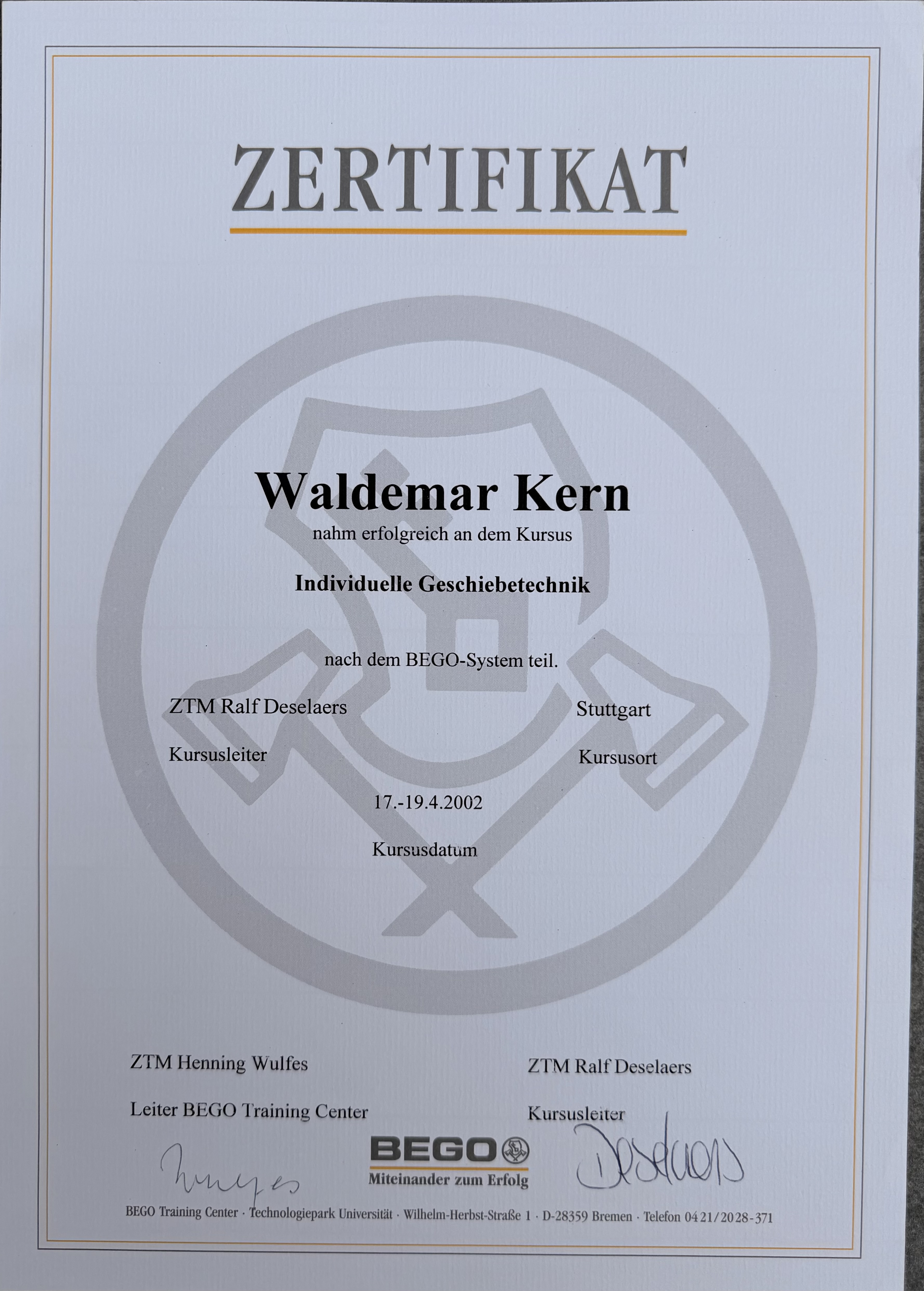 Fortbildungszertifikat 11 von ADU-Dental