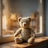 Ein Teddybär sitzt auf einer Fensterbank, im Hintergrund ein unscharfer Raum.