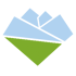 Geometrische Darstellung von hellblauen Bergen über einer grünen, dreieckigen Fläche auf schwarzem Hintergrund.