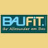 BauFit Logo mit blauem und gelbem Text, darunter "Ihr Allrounder am Bau" in Weiß.
