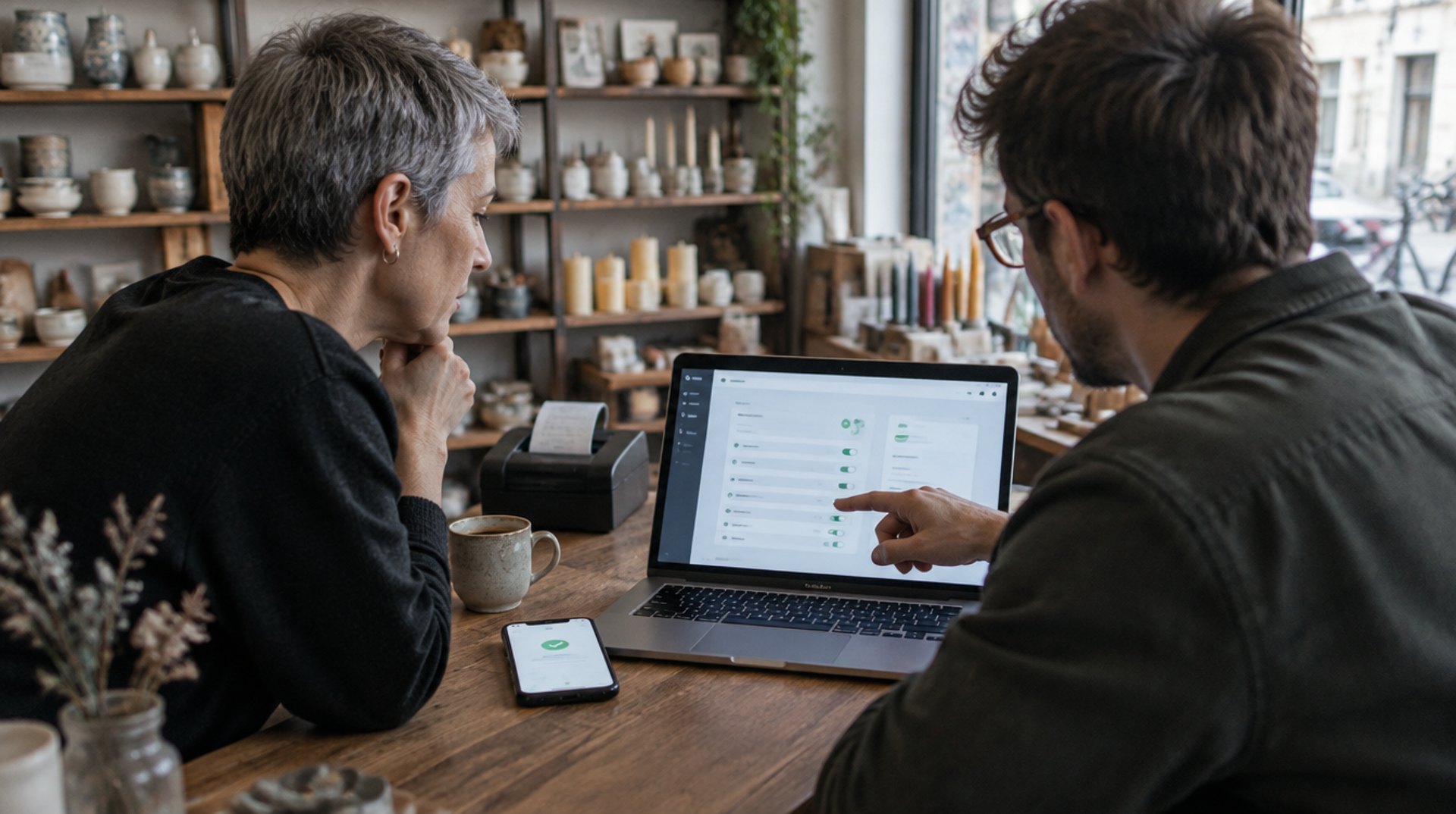 Ladeninhaberin und Shopify-Freelancer prüfen an der Ladentheke am Laptop die Checkout-Einstellungen, daneben ein Handy mit Bestellbestätigung