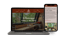 Laptop und Smartphone zeigen Webseiten-Design eines Holzlodges mit Texten wie „Ihr Rückzugsort mitten in der Natur“.