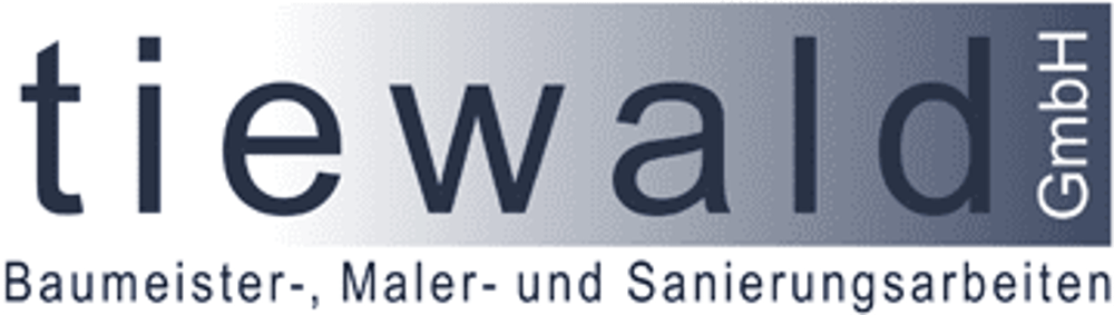 Logo mit "tiewald GmbH" in Dunkelblau auf grauem Verlauf und "Baumeister-, Maler- und Sanierungsarbeiten".