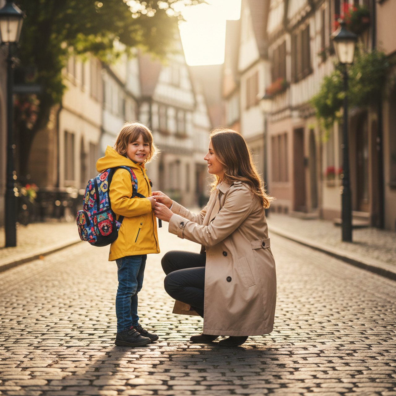 Kind mit Schulranzen beim Schulstart
