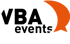 VBA events Logo: Schwarzer Text "VBA events" auf weißer Sprechblase mit orangefarbenem Pfeil.