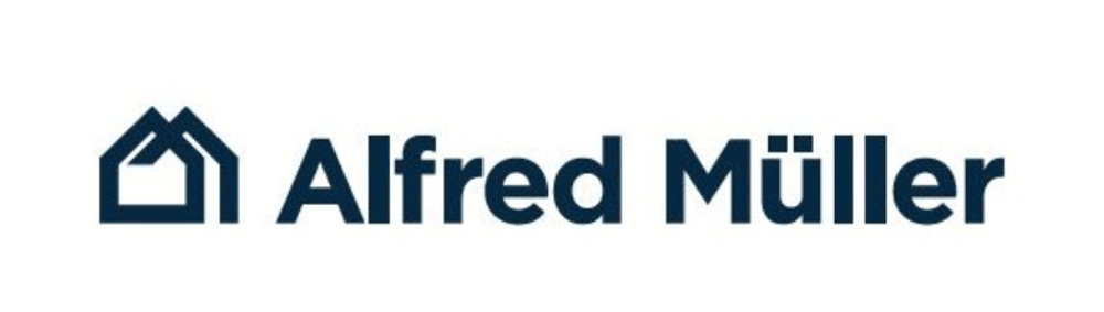 Logo mit zwei ineinander verschachtelten Häusern und dem Text "Alfred Müller" in dunkelblauer Schrift.