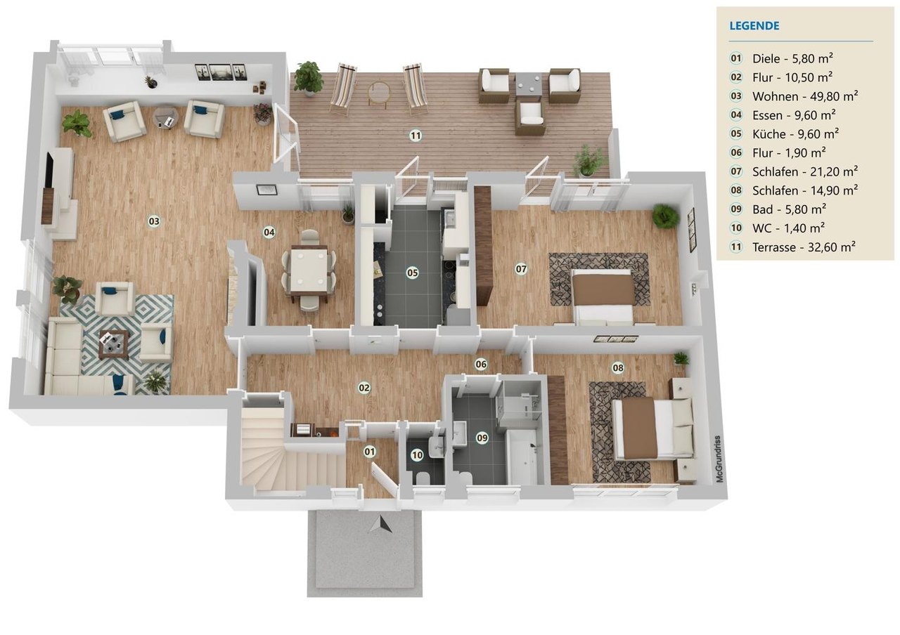 Grundriss Erdgeschoss: Wohnen ca. 49,8 m², Essen, Küche, zwei Schlafzimmer, Bad, WC, Terrasse ca. 32,6 m²