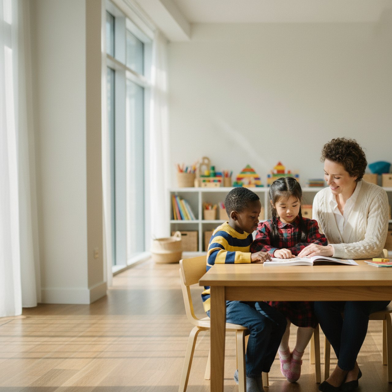 Juku tutor studying together with two children in Hannover